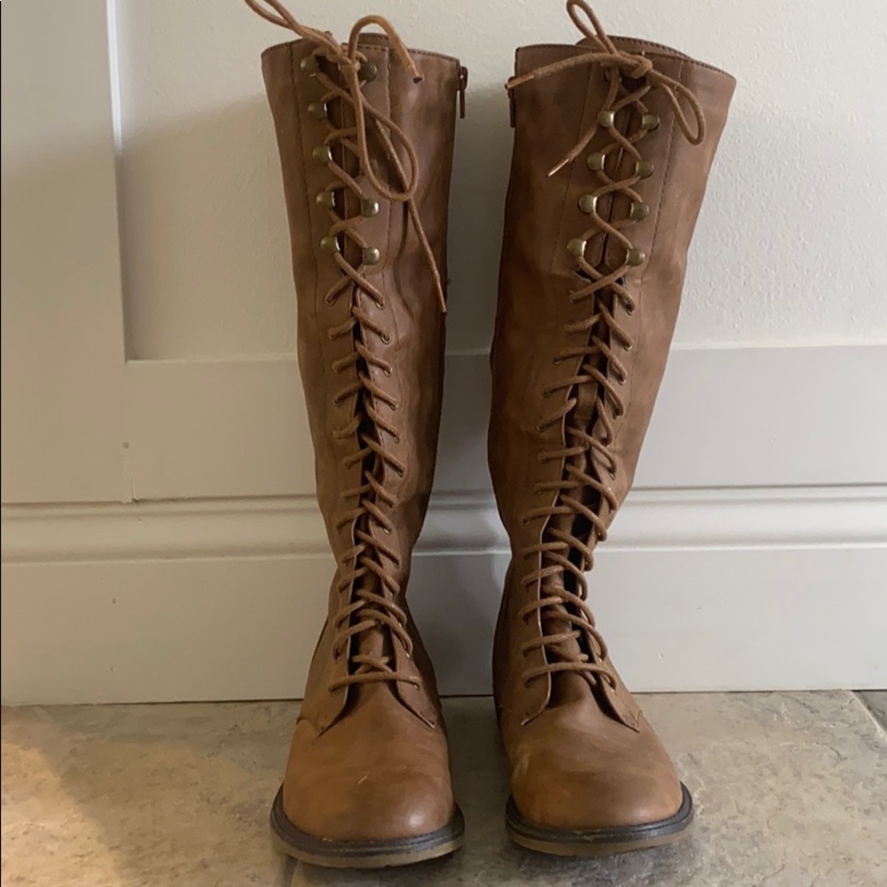 Brown lace up knee high boots